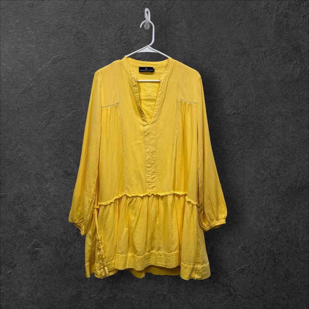 Pomander Place Yellow Cotton Gauze Beaded Tassel Tunic‎ Top Large